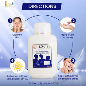 F&W Original Body Clearing Milk texture close-up highlights moisturizing feel.