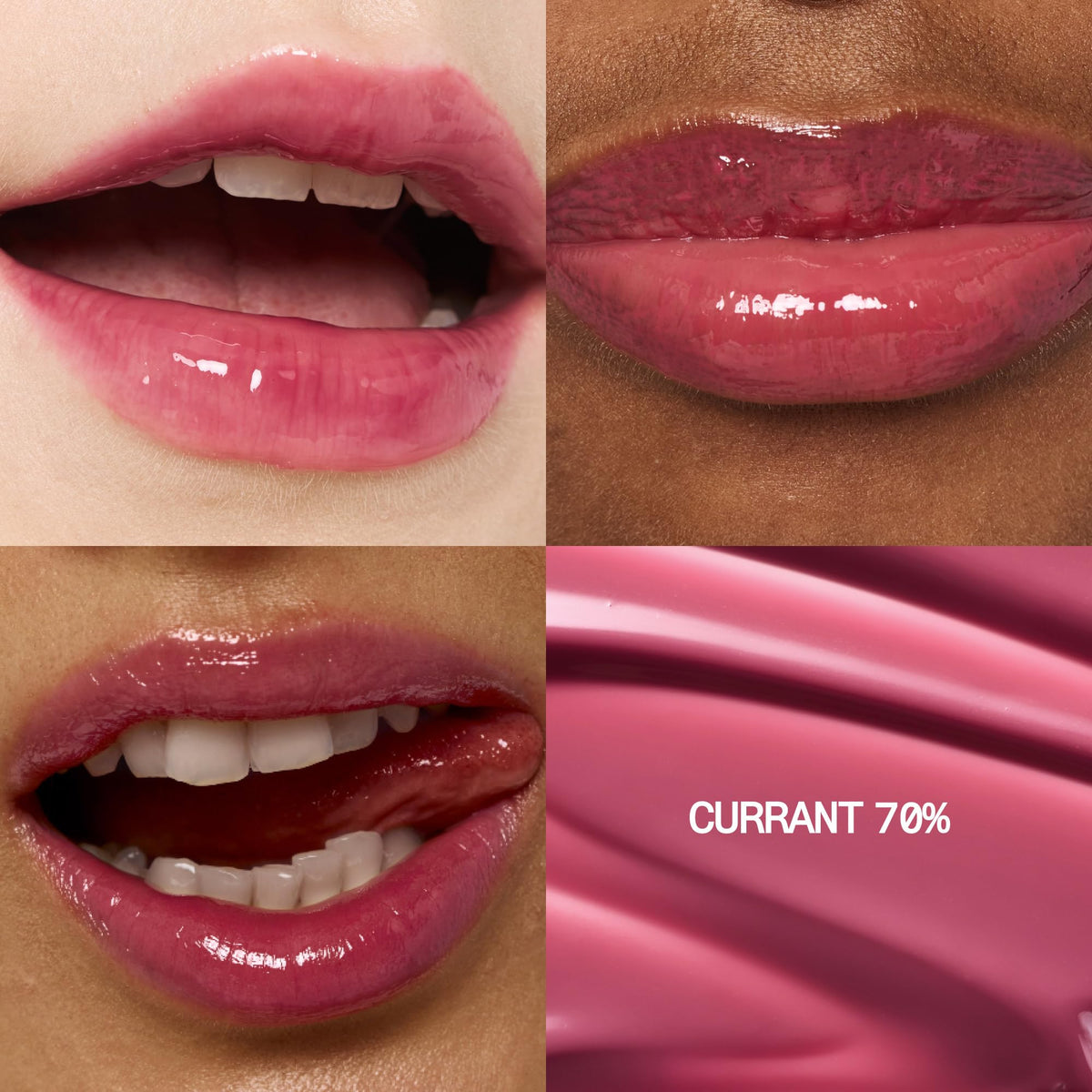 fwee Currant 70% pigment gloss swatch demonstrates bold color and long-lasting gloss.