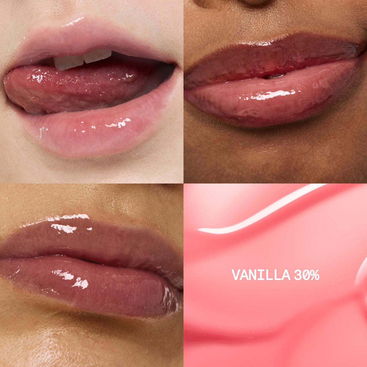 fwee vanilla sheer gloss texture closeup shows silky glide and high shine without stickiness