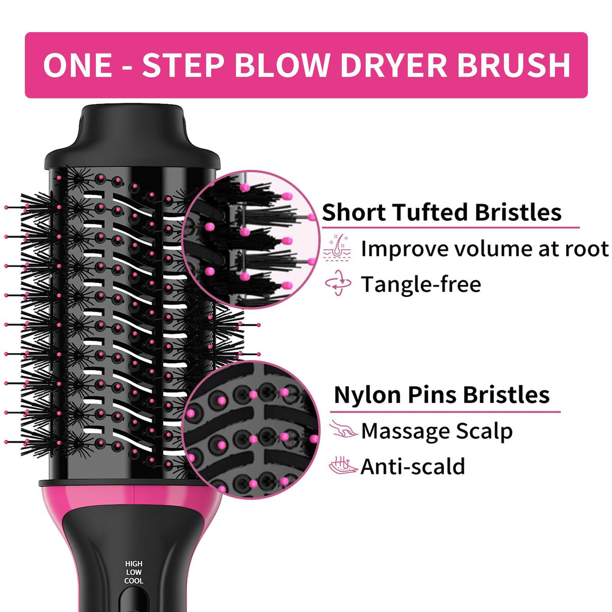 FYAIRO nylon pin and tufted bristles prevent tangling during styling