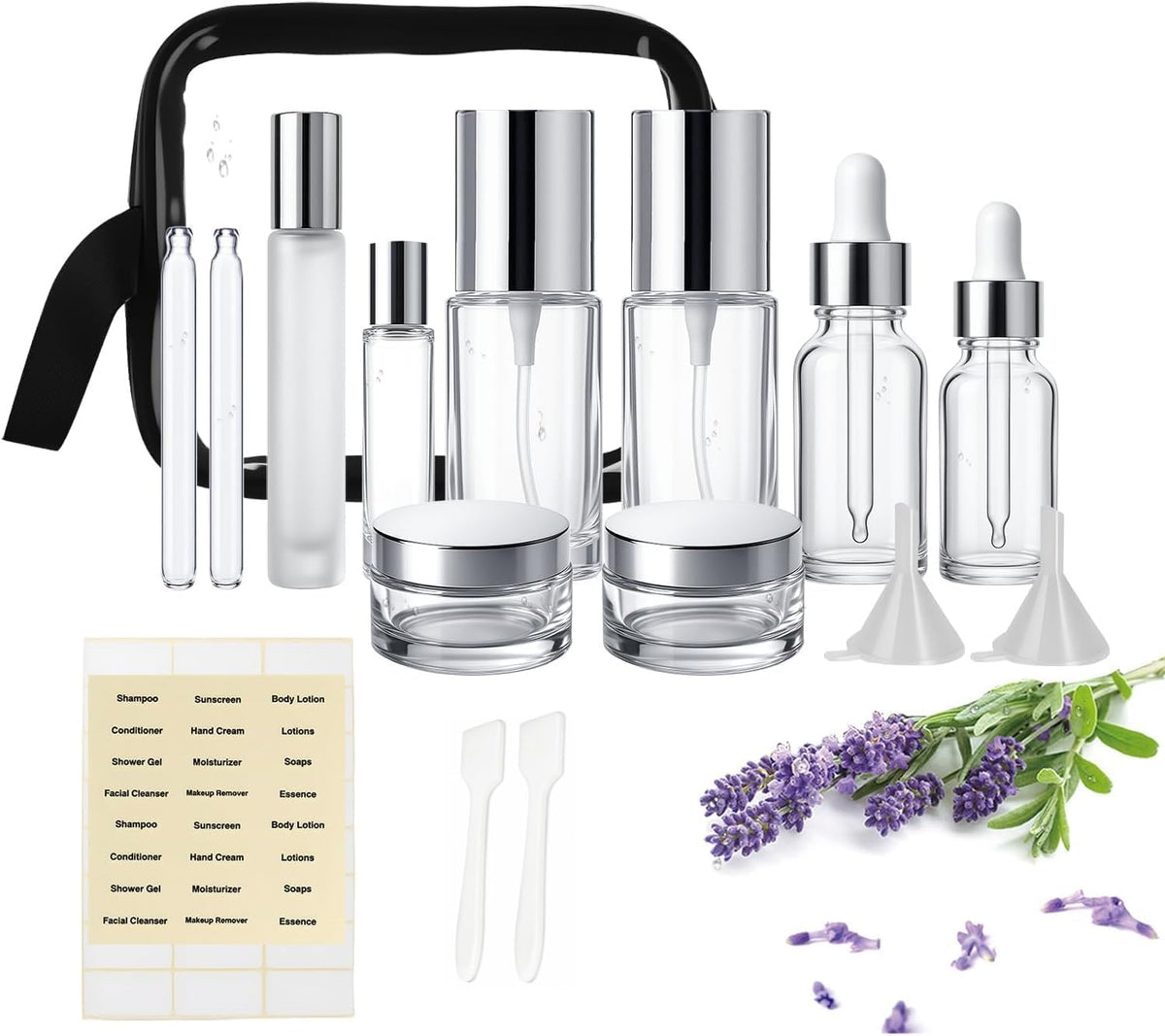 FYAWME 18-pack glass travel bottles neatly arranged for organized toiletries on the go