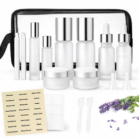 FYAWME glass travel bottles kit close-up, leak-proof caps for secure TSA packing.