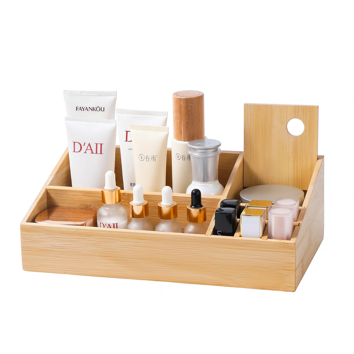 fyoolym bamboo makeup desk organizer keeps brushes and cosmetics neatly on a clean workspace