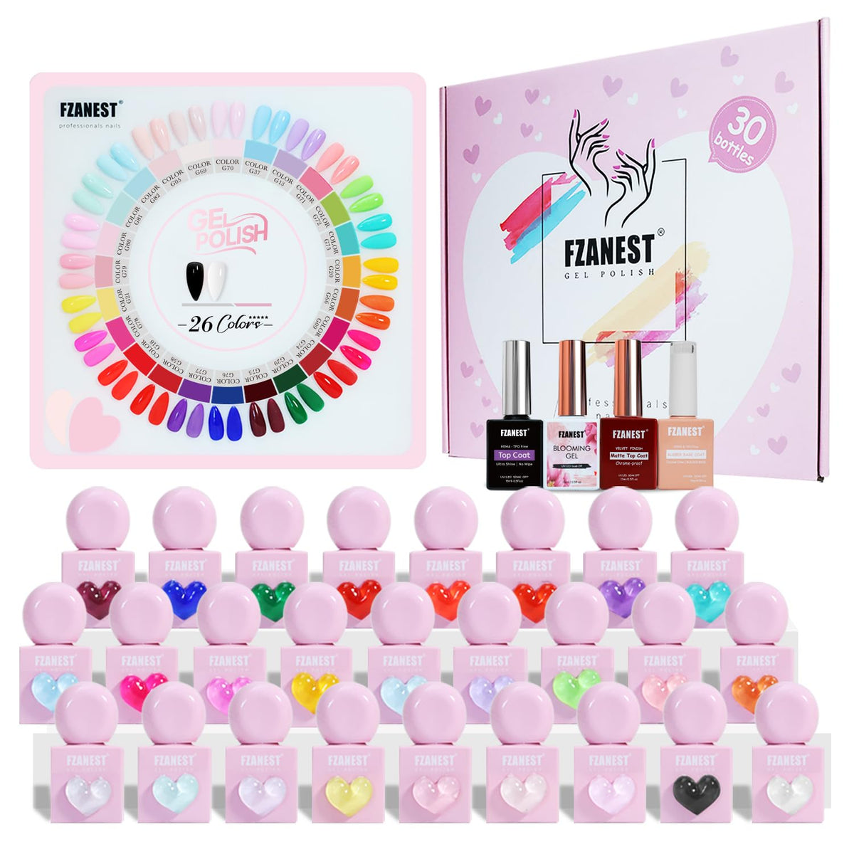 FZANEST 30-piece gel nail set with heart bottles for easy color choice.