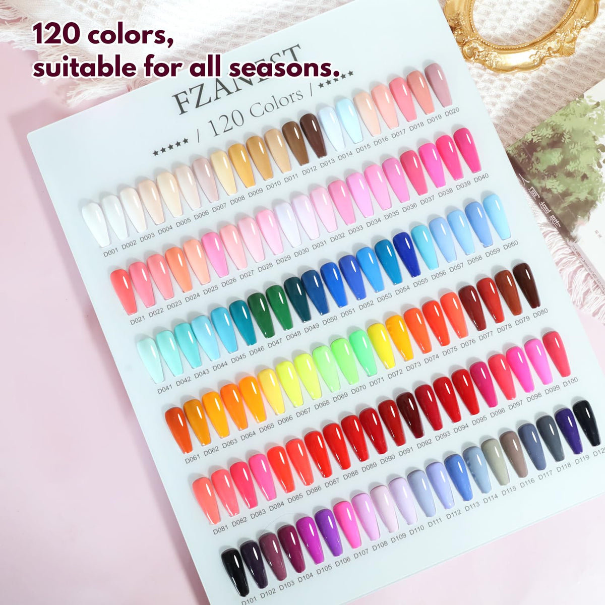 FZANEST 120-color gel polish bottles show a wide color range for creative nails.