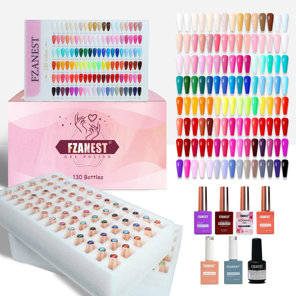 FZANEST 130-piece gel polish packaging ideal for salon or home manicures.