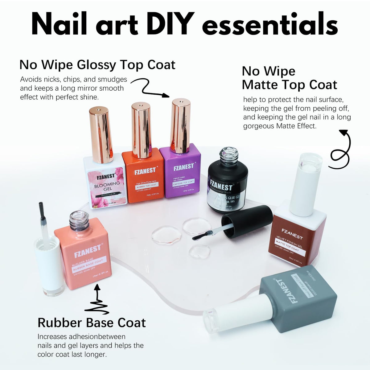FZANEST rubber top coat bottle seals color with flexible, high-gloss protection.