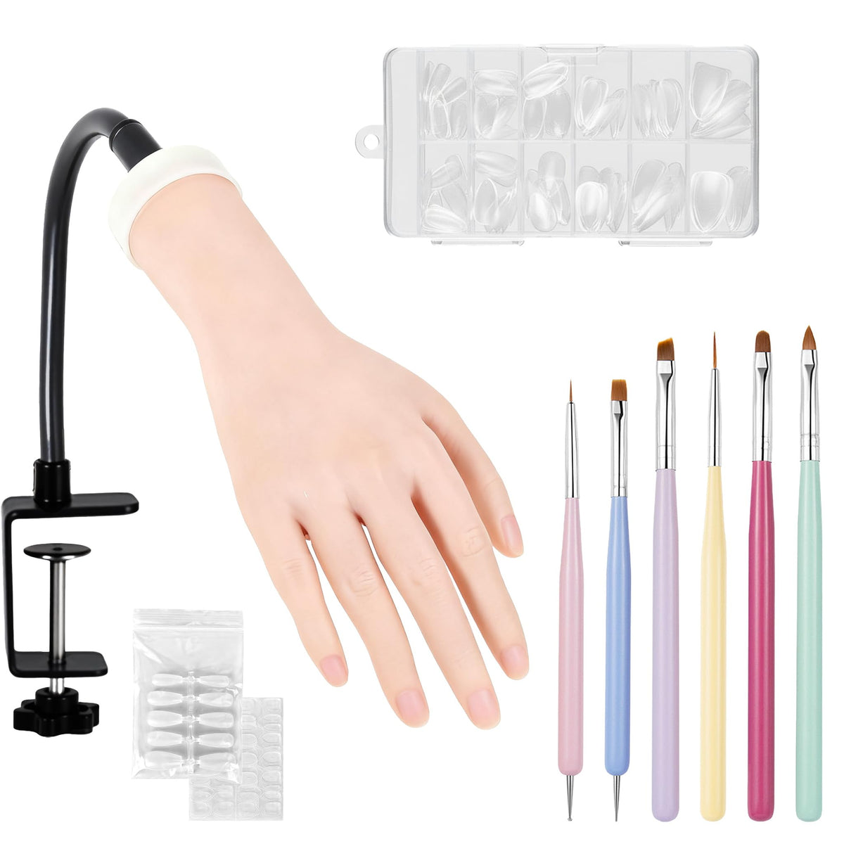 The fzbinglu practice hand with clamp stand for acrylic nails, stable training setup.