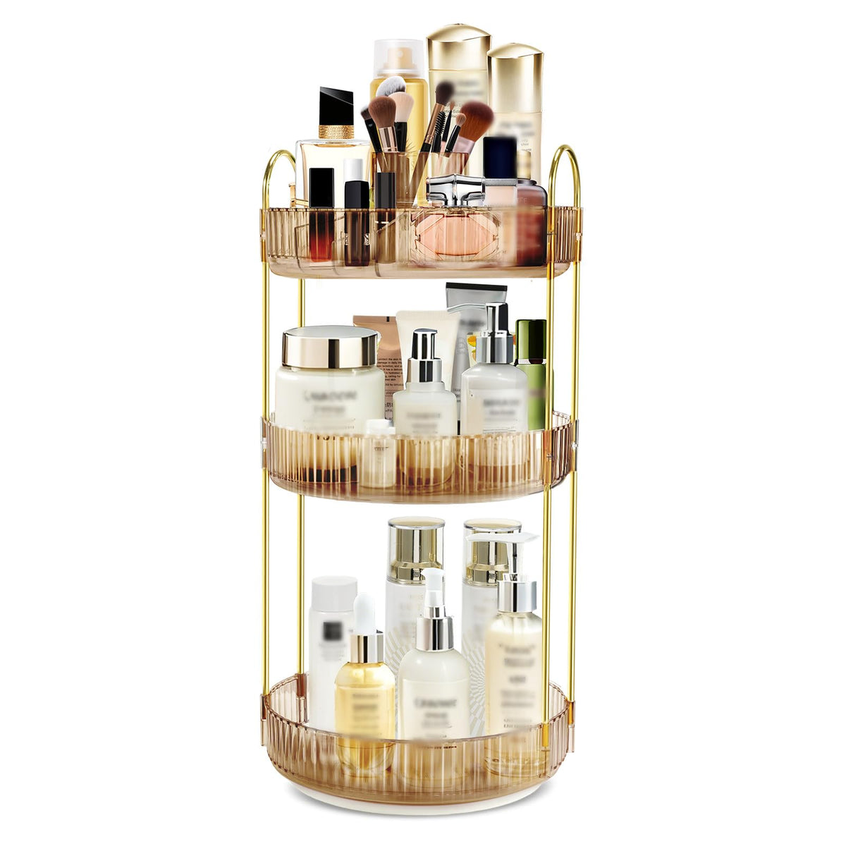 Fzebys 360° rotation makeup organizer on vanity boosts accessible storage.
