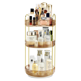 Fzebys 360° rotation makeup organizer on vanity boosts accessible storage.