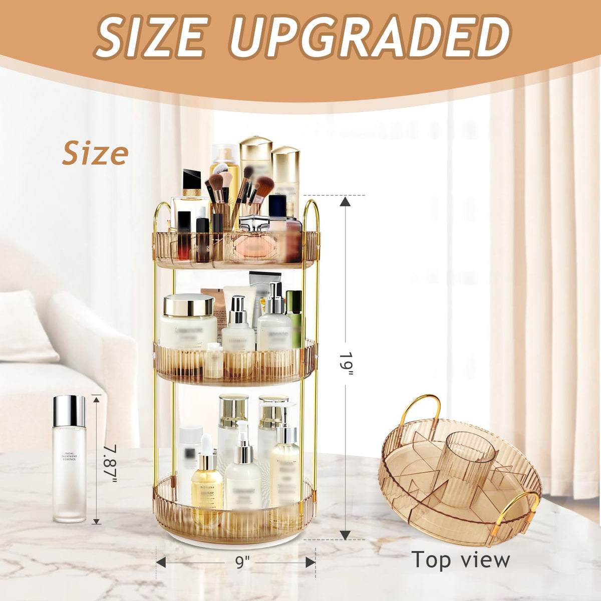 Fzebys gold 3-tier rotating vanity organizer showcases durable construction.