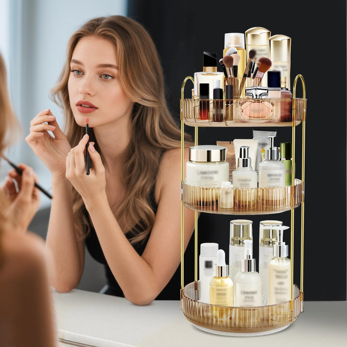 Fzebys rotating tray holds cosmetics and skincare for quick access.