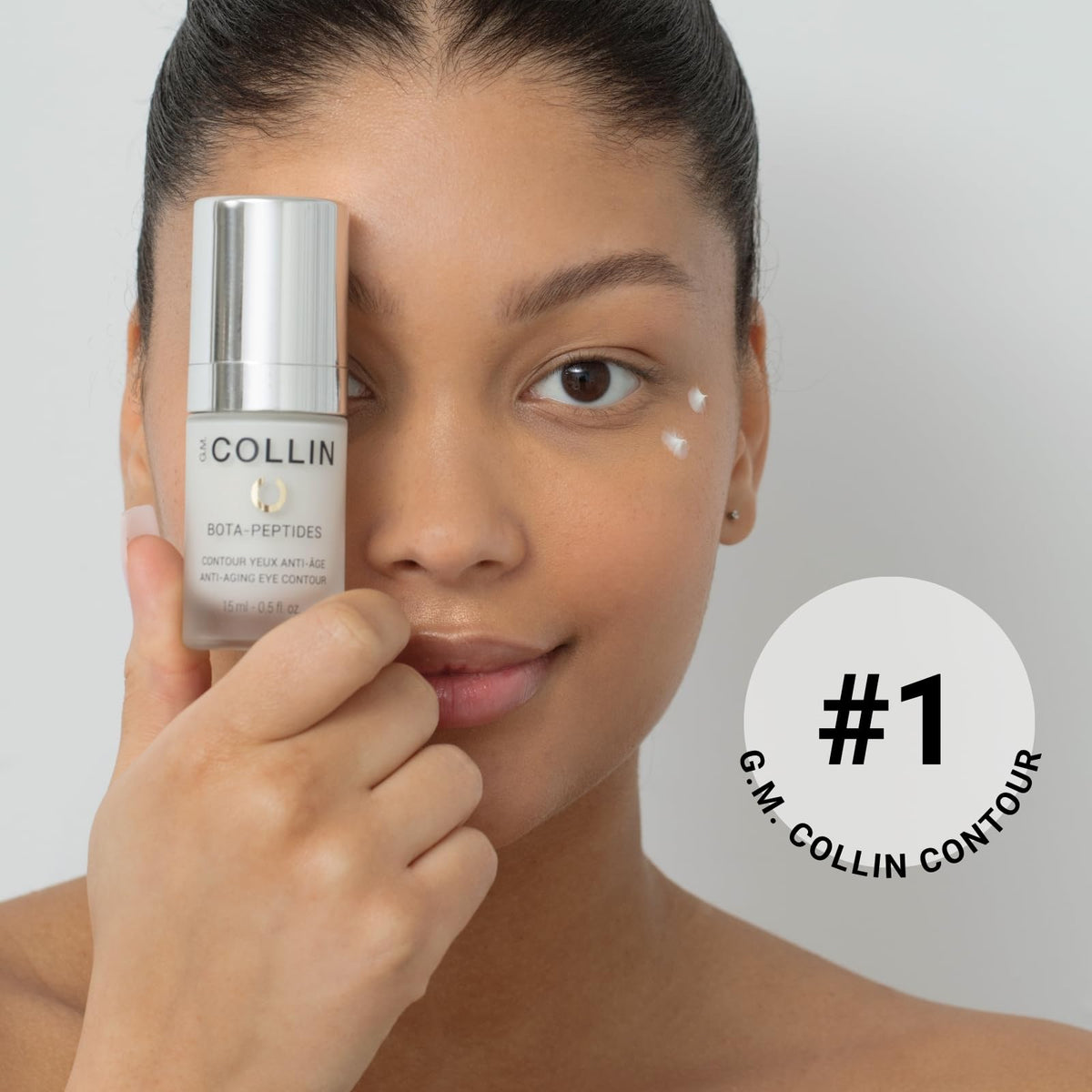 Texture close-up shows smooth, lightweight cream on fingertip.
