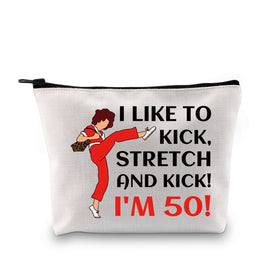 G2TUP I Like To Kick I'm 50 makeup bag front view with bold fan print