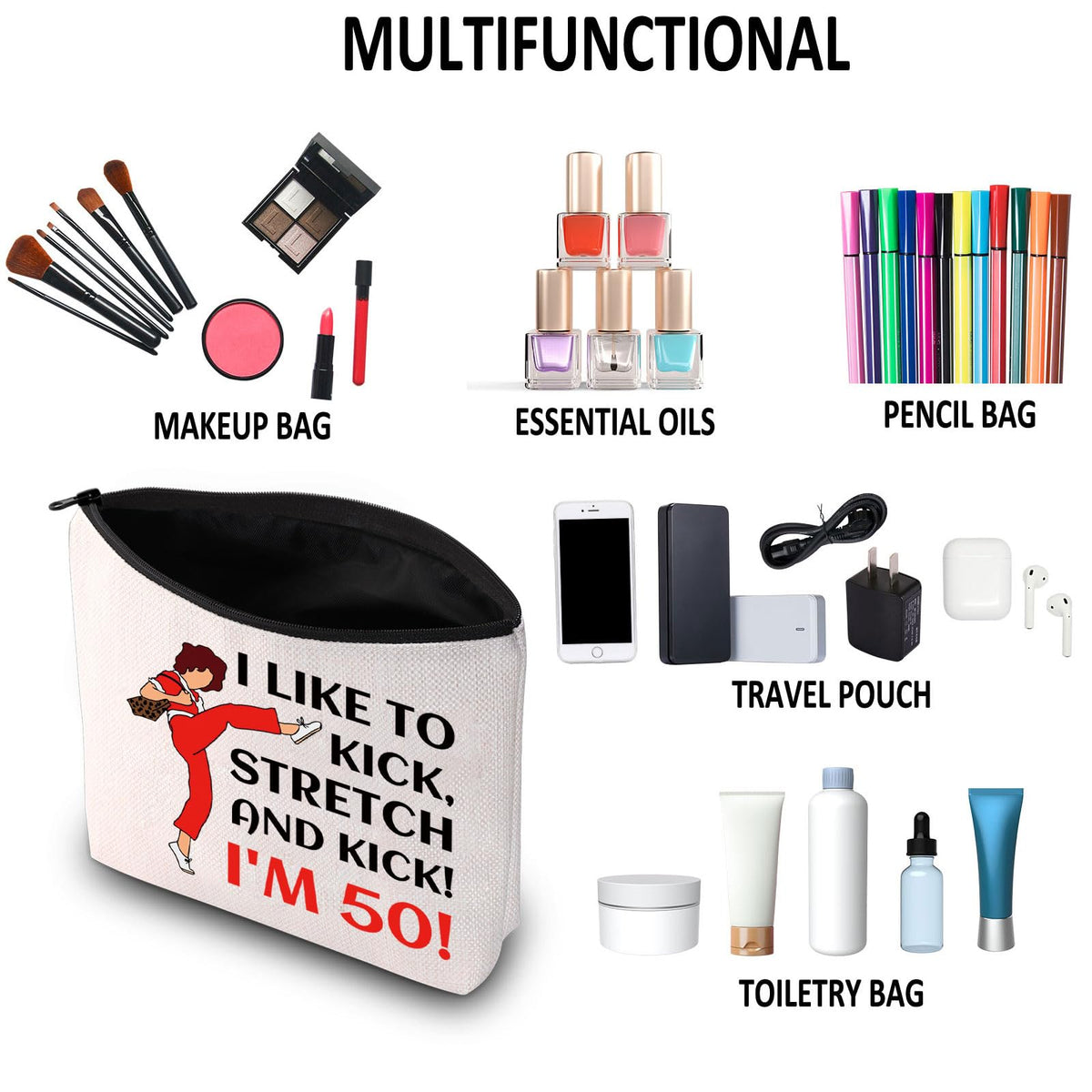 G2TUP I Like To Kick I'm 50 makeup bag print detail emphasizes character