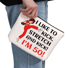 G2TUP I Like To Kick I'm 50 makeup bag zipper detail shows smooth closure