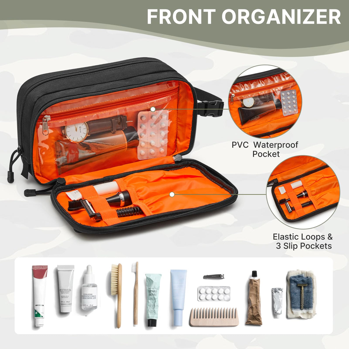 G4Free toiletry bag MOLLE webbing front for attaching small accessories