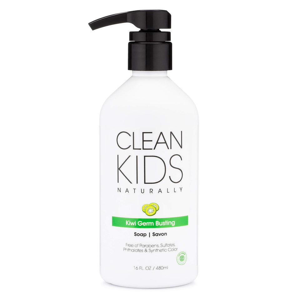Gabriel Cosmetics Clean Kids Kiwi Soap bottle; gentle cleansing for kids.