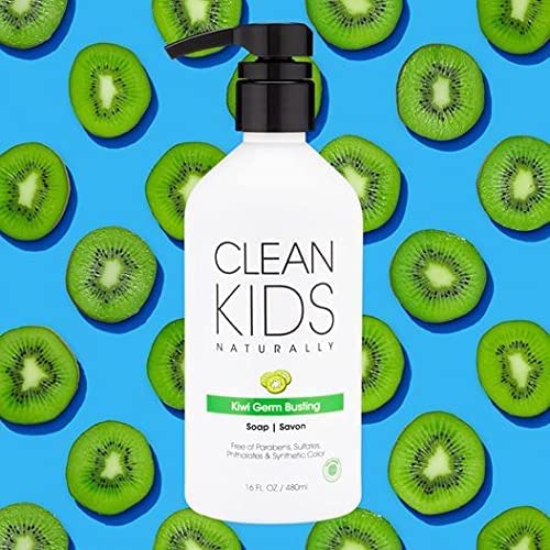Gabriel Cosmetics Clean Kids Kiwi Soap packaging with 16 oz size detail.