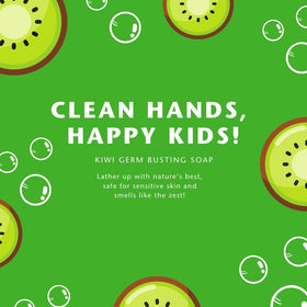 Gabriel Cosmetics Kiwi Soap label close-up highlighting kid-friendly formula.