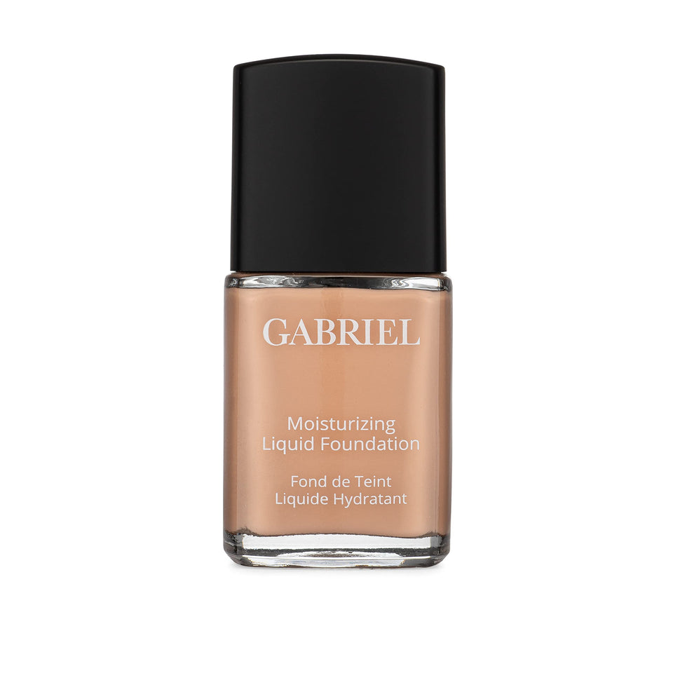 Gabriel Cosmetics Liquid Foundation bottle close-up highlighting organic formula and smooth texture.