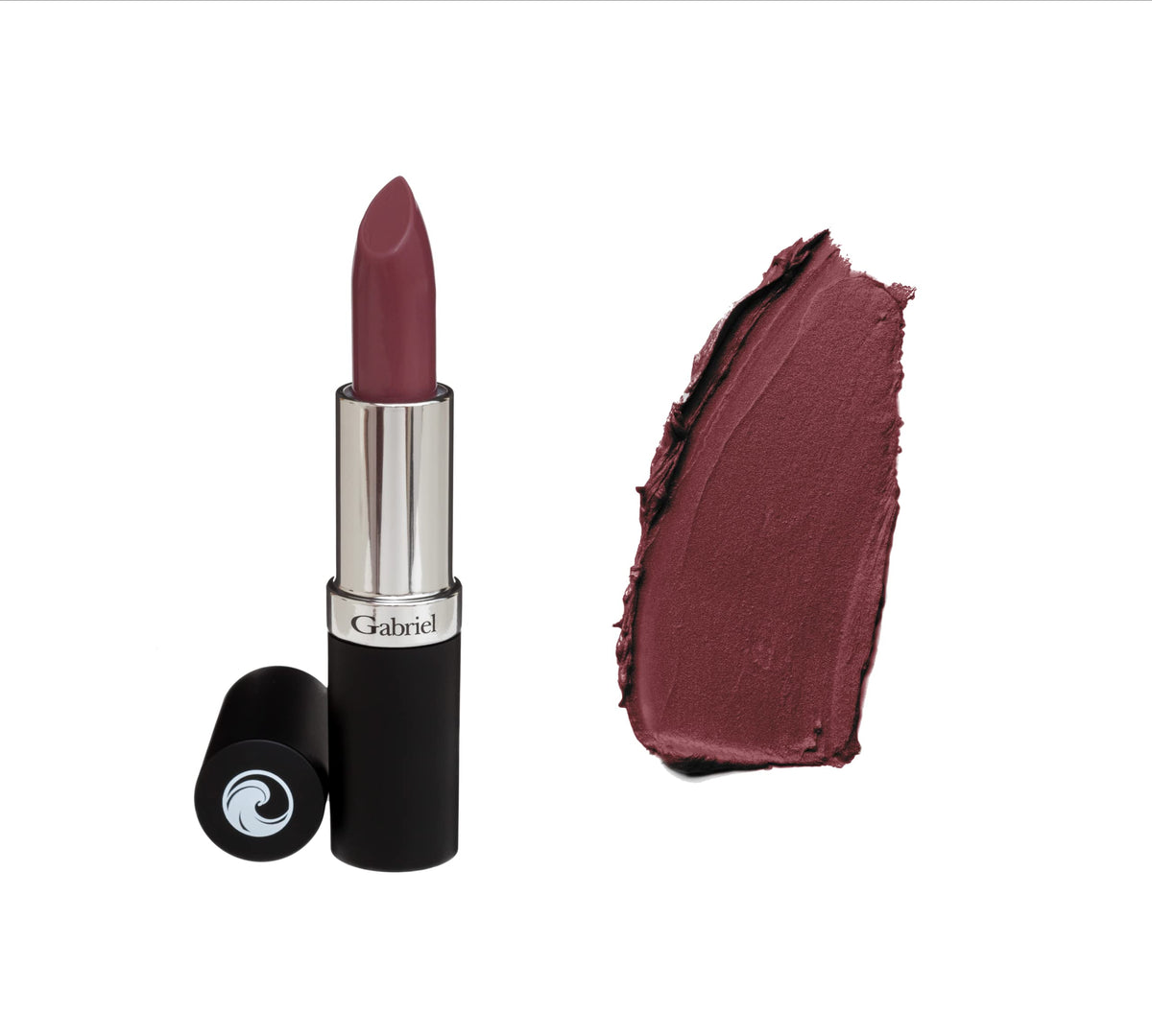 Gabriel Cosmetics Organic Lipstick Clay texture swatch shows rich color payoff.