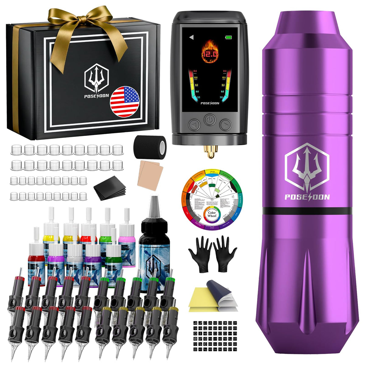GAEA Poseidon cordless tattoo gun kit demonstrates a complete beginner-friendly setup.
