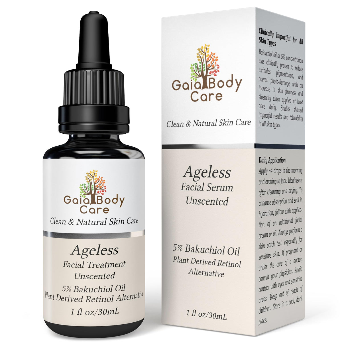 Gaia Body Care ageless bakuchiol oil bottle on a clean surface for gentle anti-aging care.