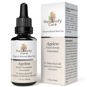 Gaia Body Care ageless bakuchiol oil bottle on a clean surface for gentle anti-aging care.
