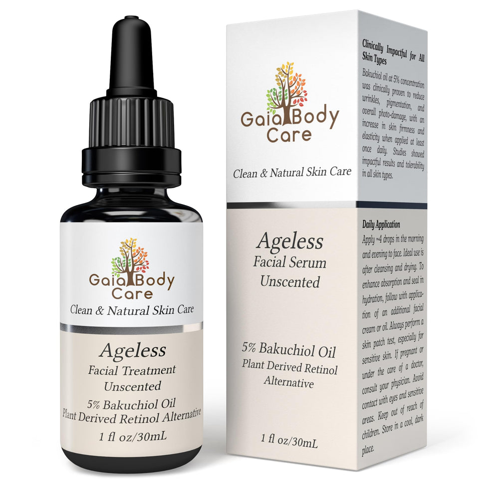 Gaia Body Care ageless bakuchiol oil bottle on a clean surface for gentle anti-aging care.