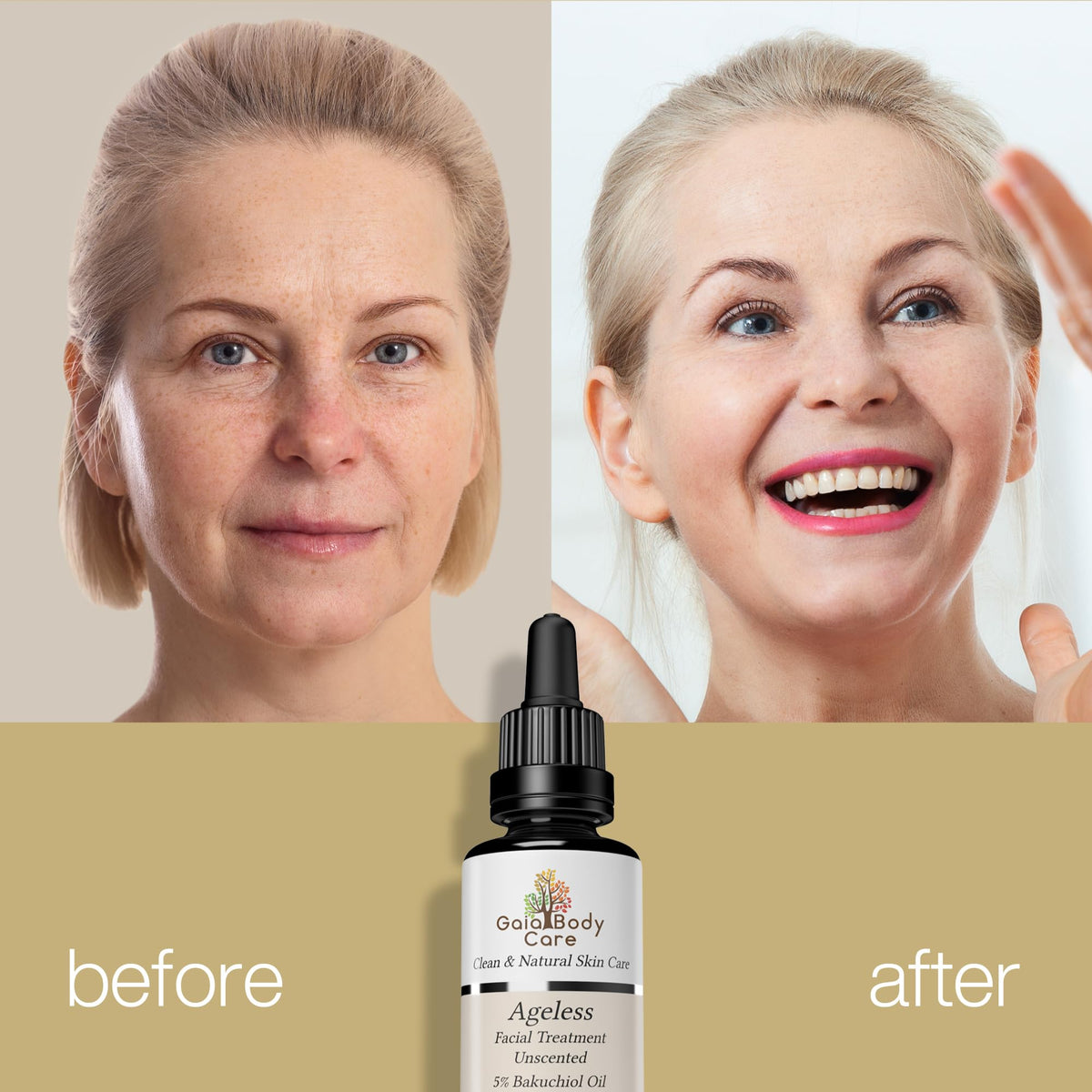 Gaia Body Care bakuchiol oil application scene highlights routine use and nourished skin.