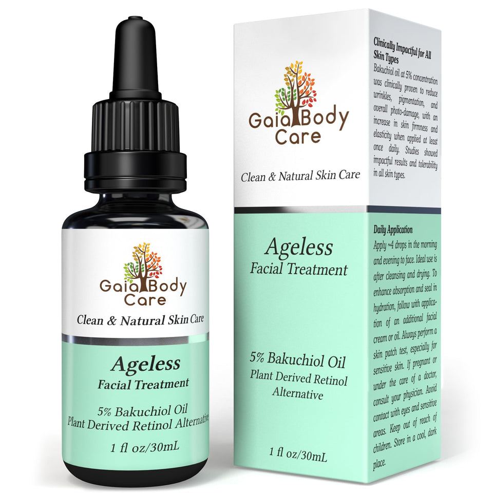Gaia Body Care bakuchiol oil bottle showcases clean packaging and anti aging potential