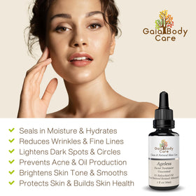Gaia Body Care bakuchiol oil texture close-up shows hydrating and smoothing benefits.