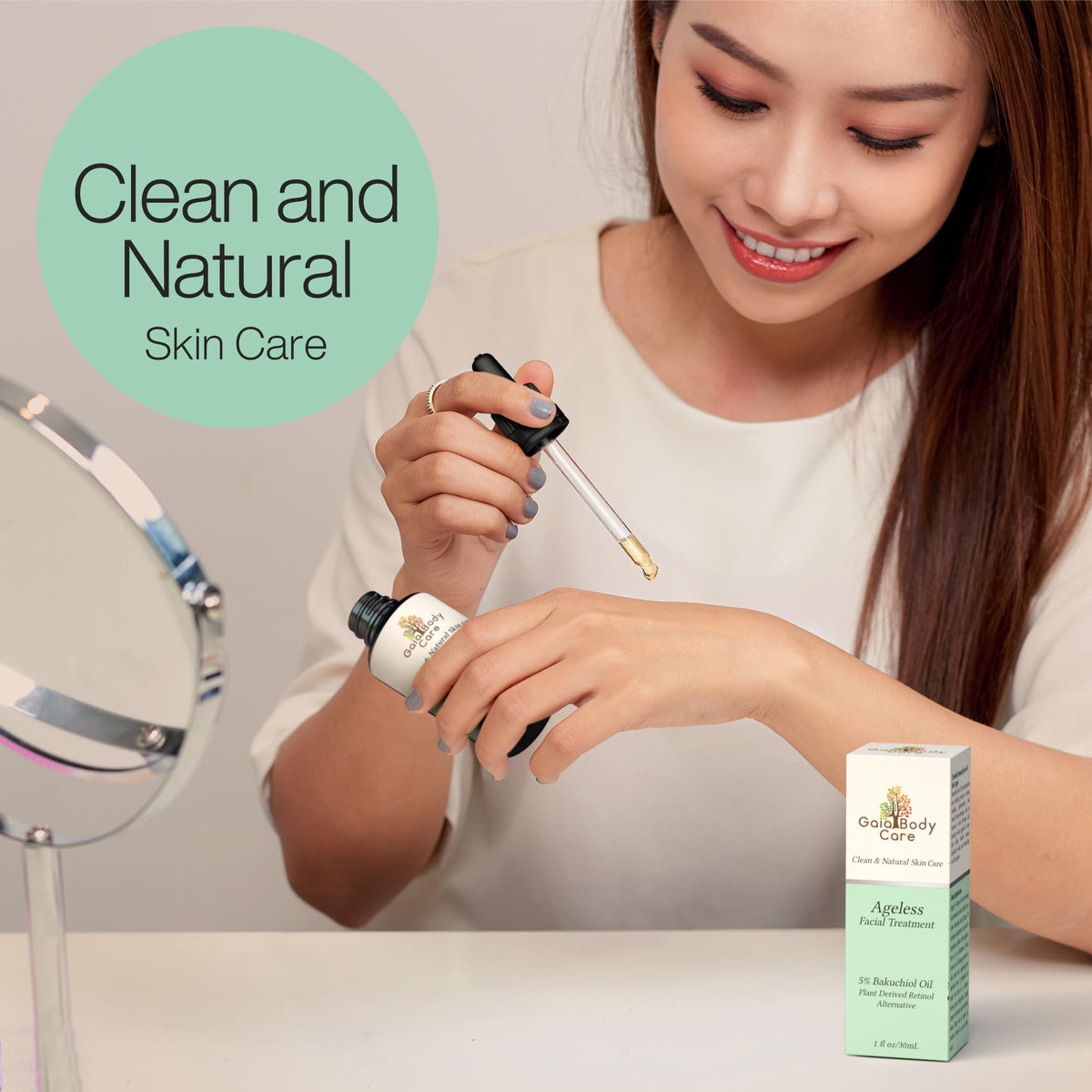 Gaia Body Care bottle with rose label communicates botanical skincare focus