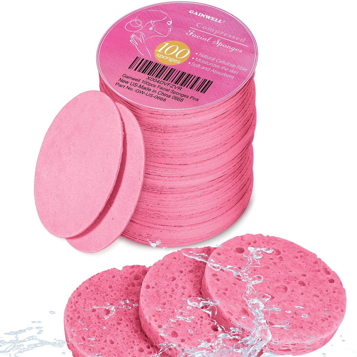 GAINWELL compressed facial sponge pack in drawstring bag, ideal for tidy travel and storage.