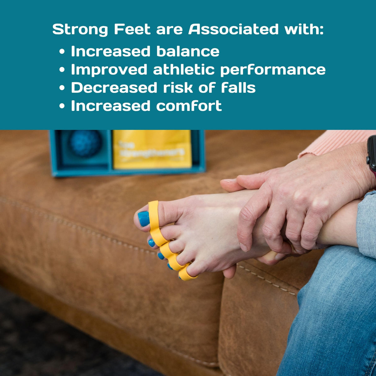 Gait Happens toe strengtheners in use during daily routines improve toe control.