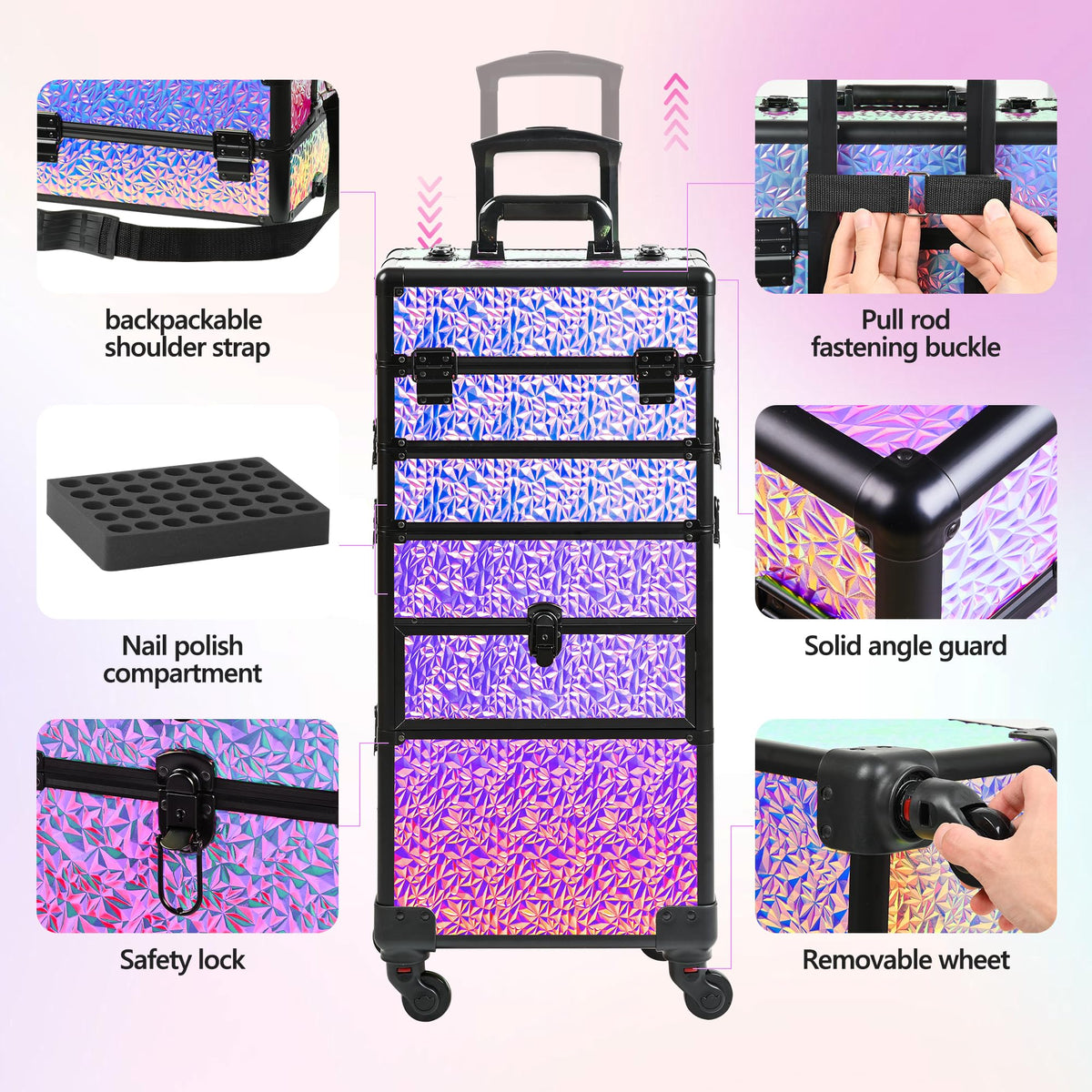 GALHUBIS lower tray features foam nail polish holders for various bottle sizes.