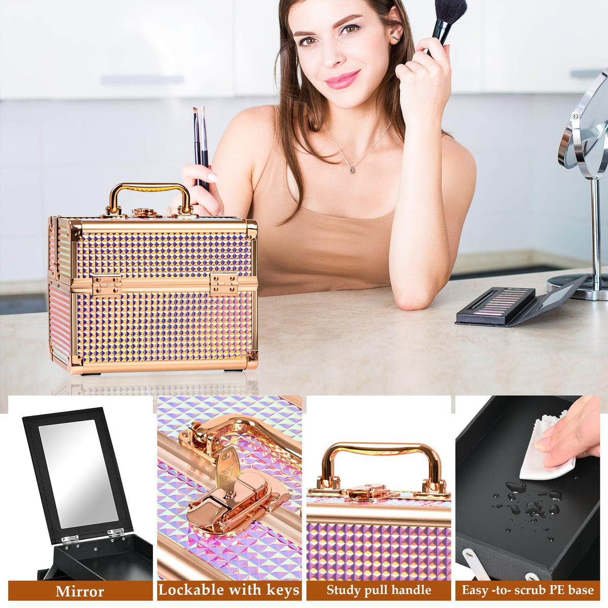 GALHUBIS makeup case organizer handle and clasp facilitate easy carrying between locations.