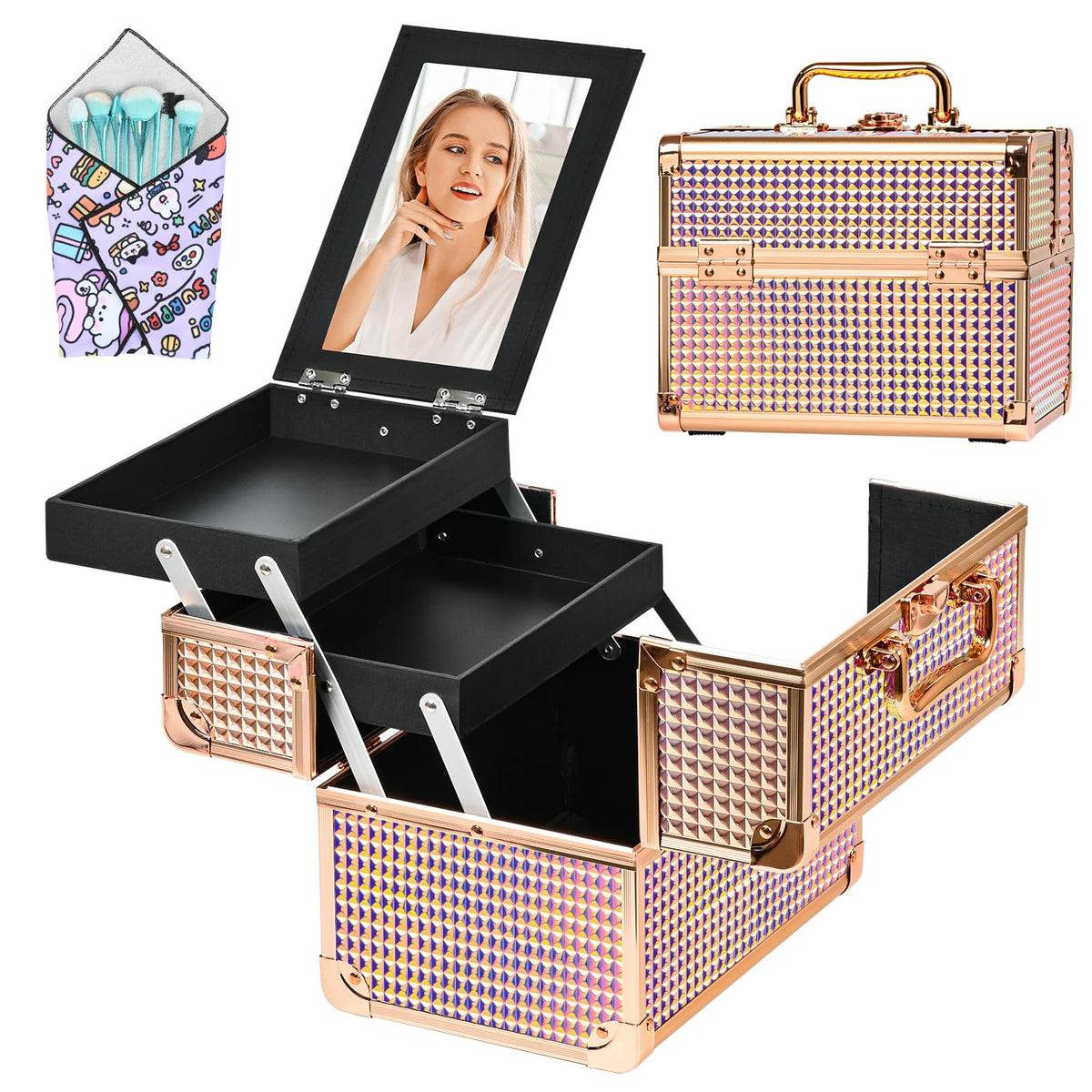 GALHUBIS makeup case organizer exterior view showcases portable, stylish pink design for travel-ready makeup storage.