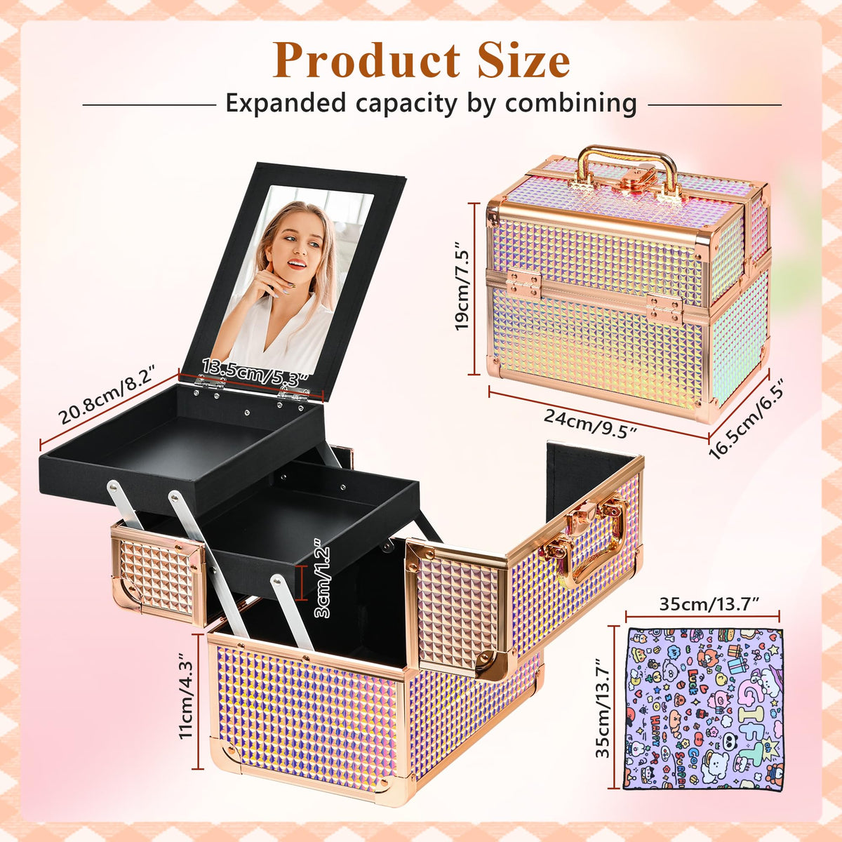 GALHUBIS makeup case organizer fold-out mirror demonstrates quick makeup checks on the go.