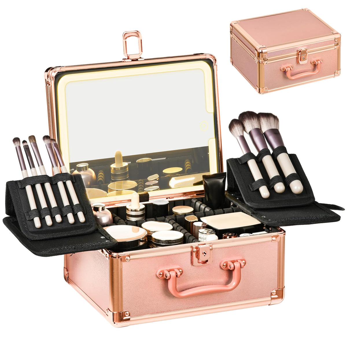 GALHUBIS rose gold makeup case with lighted mirror for precise on-the-go applications
