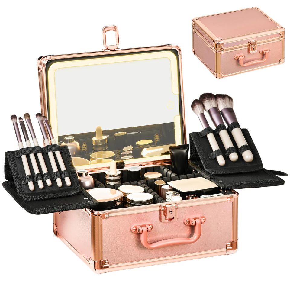 GALHUBIS rose gold makeup case with lighted mirror for precise on-the-go applications