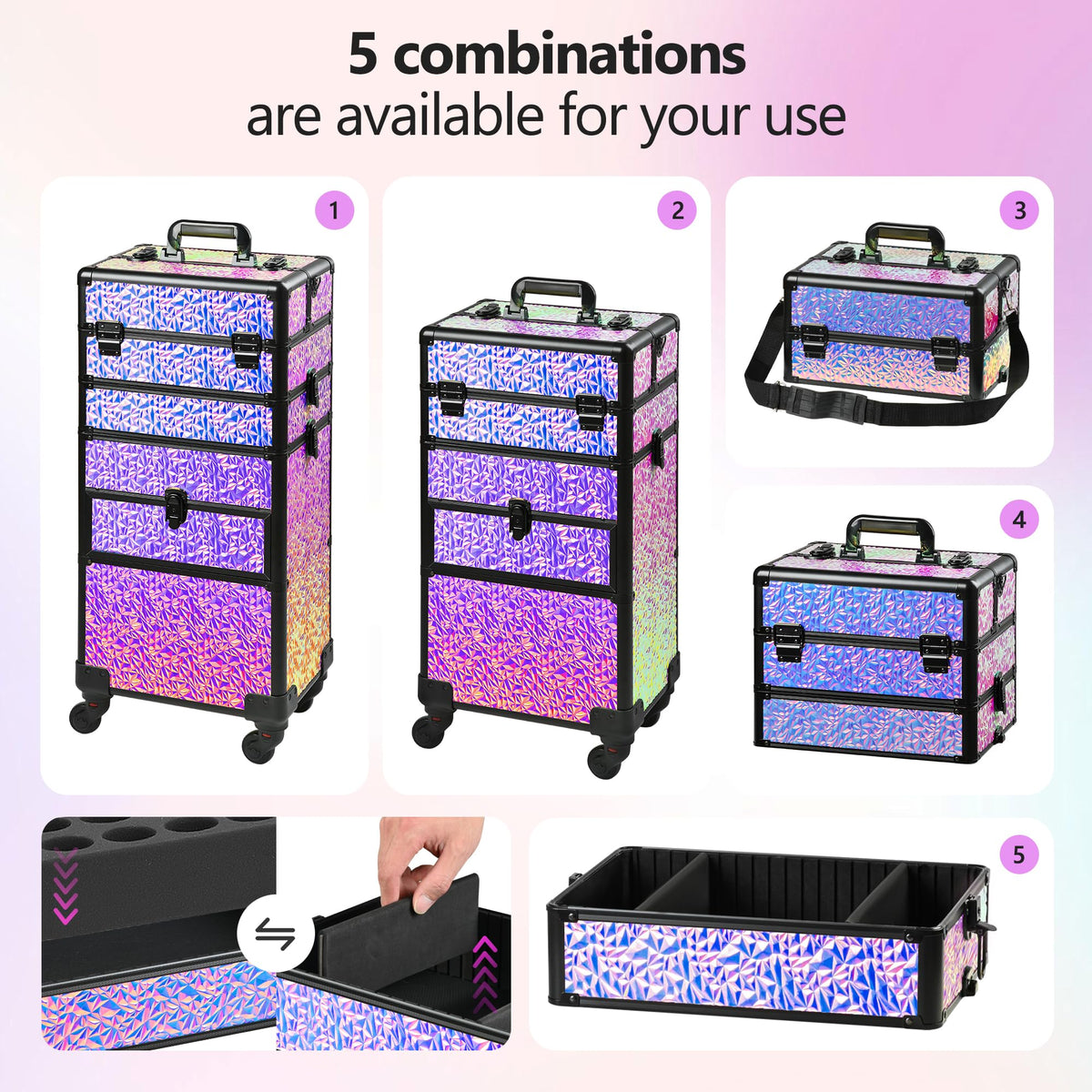GALHUBIS top compartment with handle enables portable touch-ups on the go.