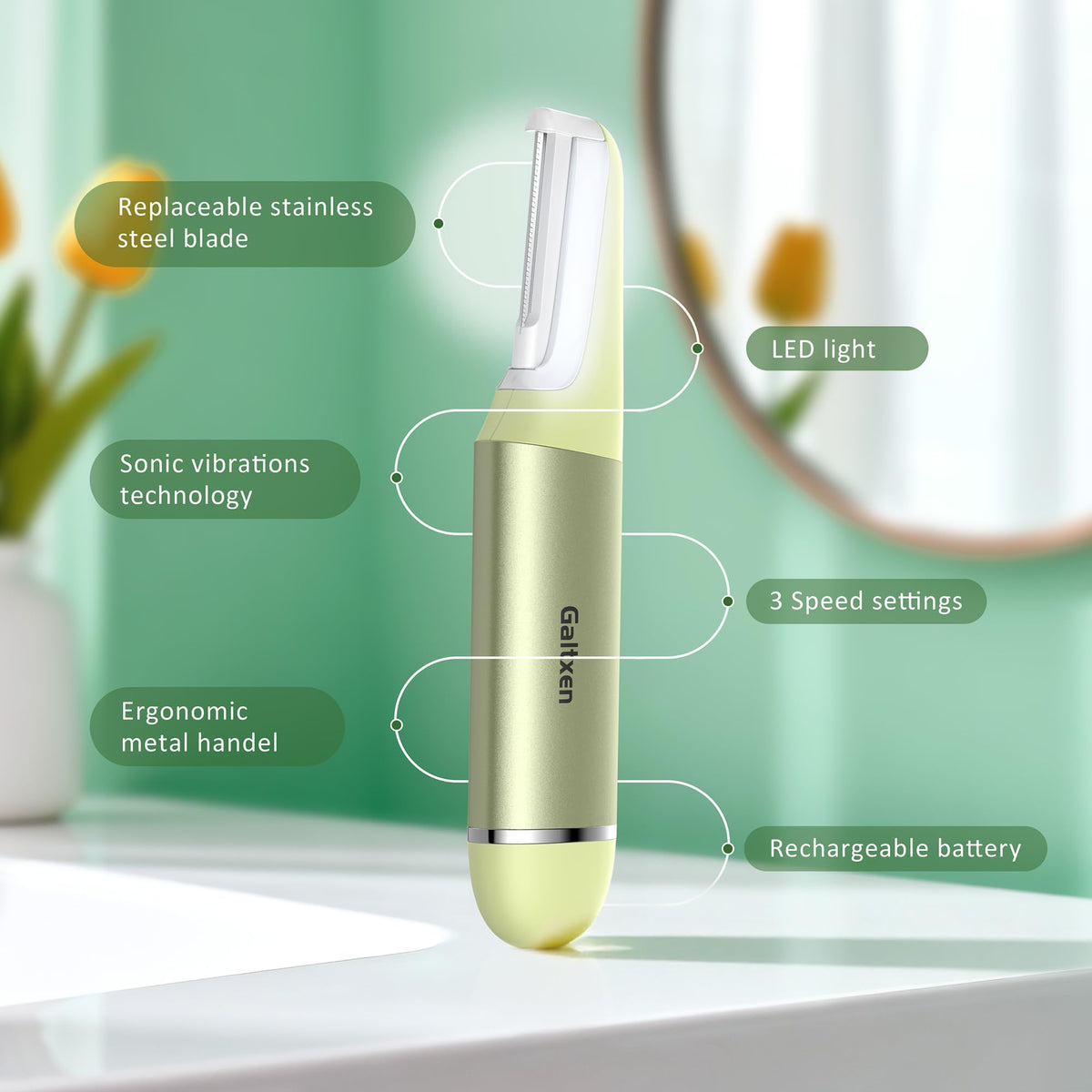 Three speeds on Galtxen razor for customized dermaplaning comfort.