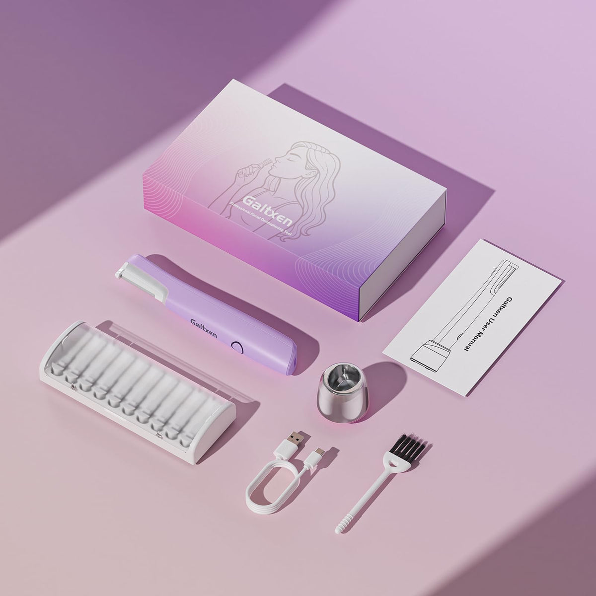 Galtxen Sonic Dermaplaning Tool purple design adds stylish at-home skincare routine.