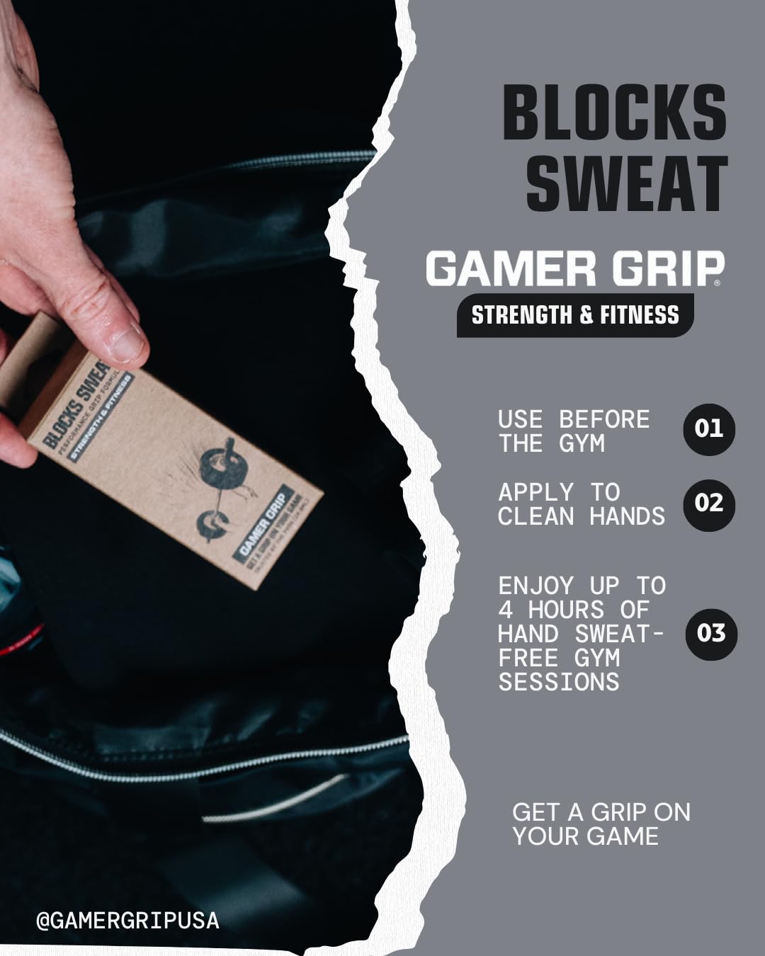 Gamer Grip fast-drying formula shown on hand during lifting.