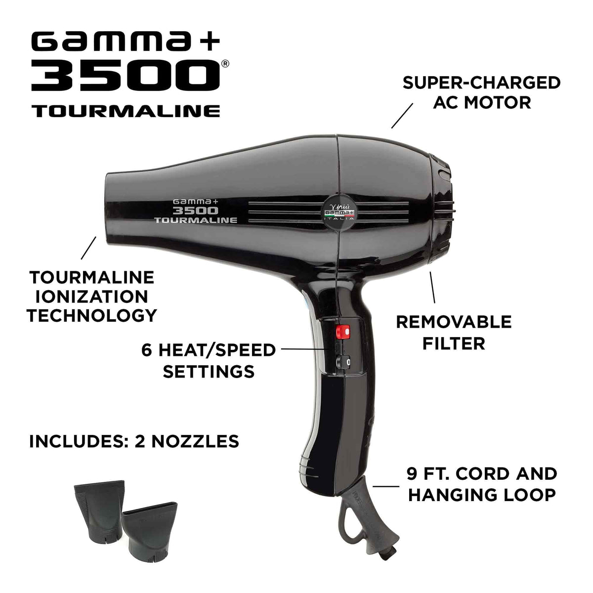 GAMMA+ 3500 nozzle attachment demonstrates precise airflow for versatile styling