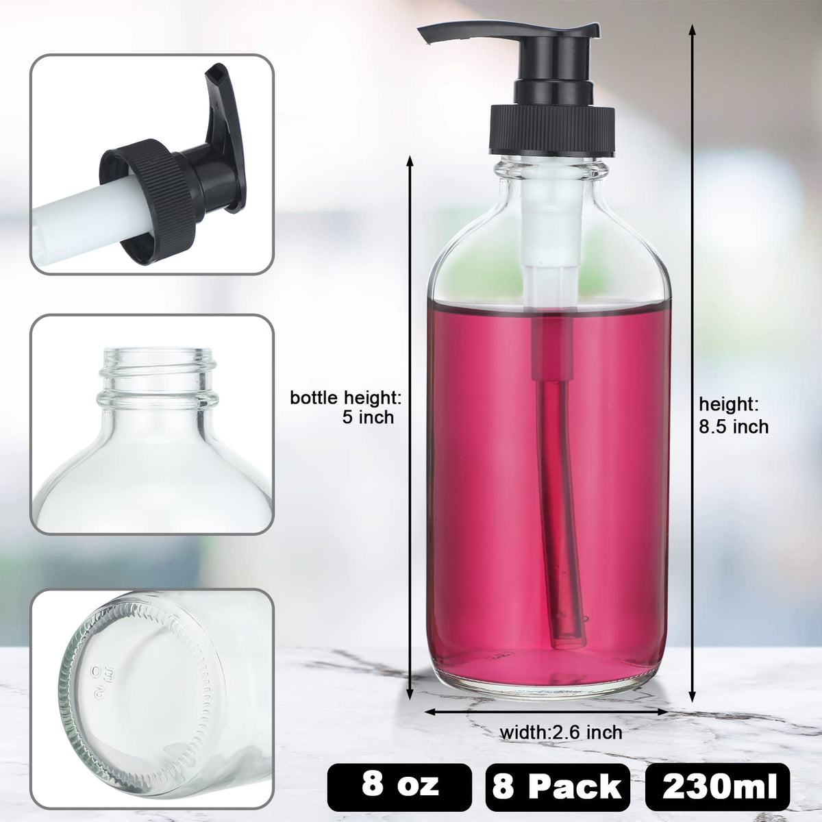 Gandeer 8 oz thick glass dispenser with black pump, easy to grip and refill