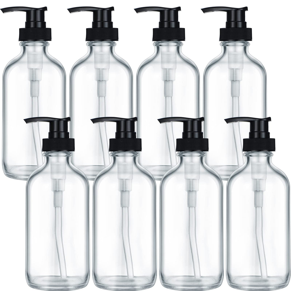 Gandeer eight-pack glass pump bottles in clear glass with black pumps, UV protection for contents