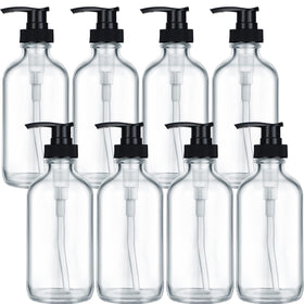 Gandeer eight-pack glass pump bottles in clear glass with black pumps, UV protection for contents